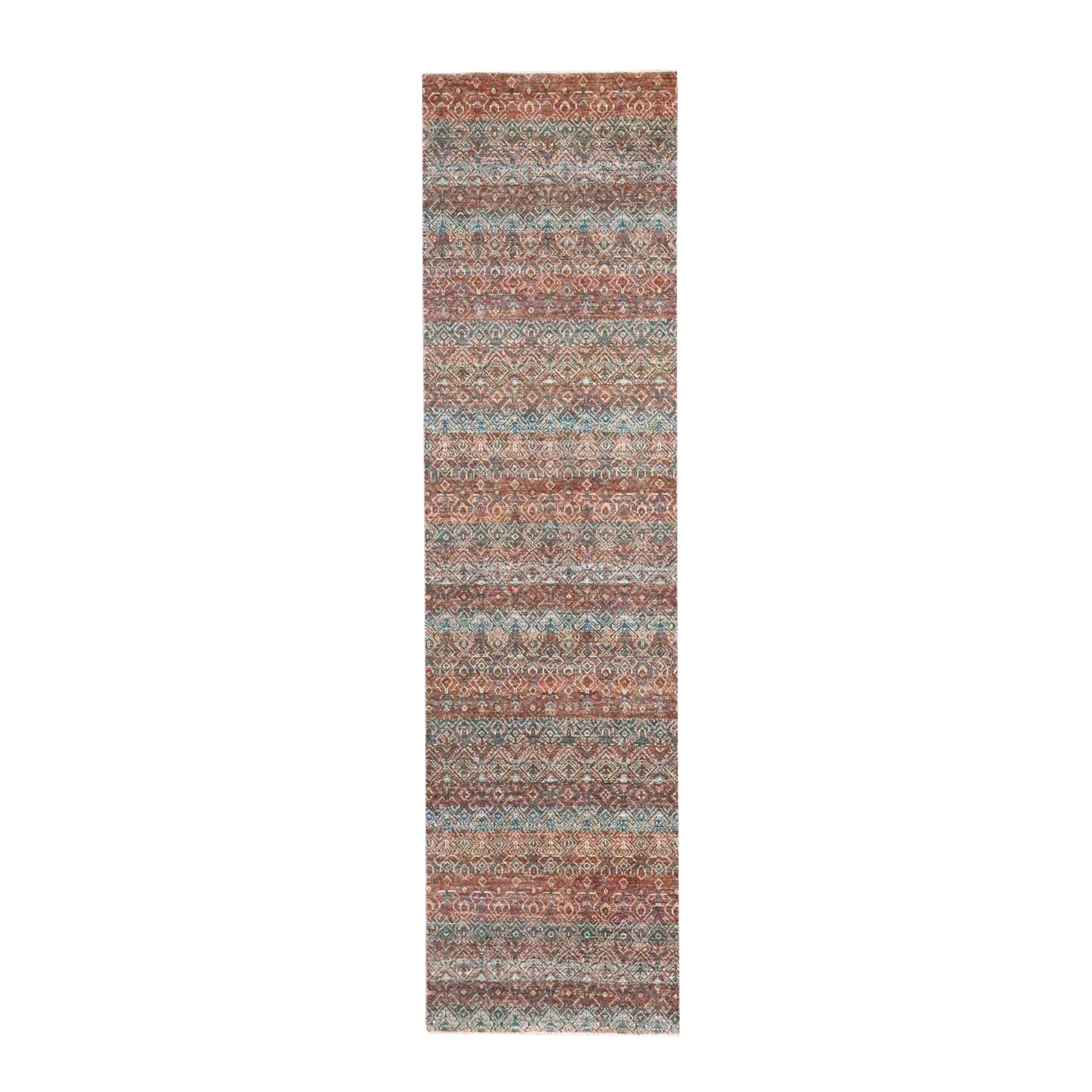 2'7"x10' Chili Red, Kohinoor Herat with Small Geometric Repetitive Diamond Pattern, Tone on Tone, Soft and Shiny Wool, Hand Knotted, Runner, Oriental Rug 
